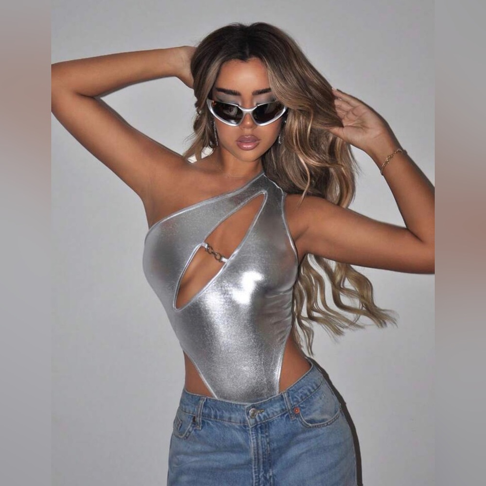 Silver one shoulder bodysuit NWT